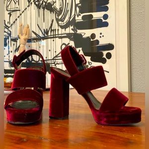 Barneys NY burgundy velvet platform sandals